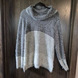 Tribal Womens Grey Striped Eyelash Knit Cowl Neck Sweater Large 10780-4456